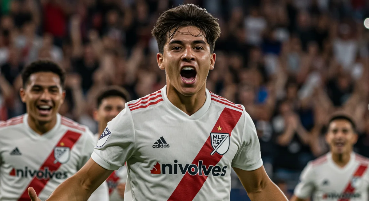 Young MLS star celebrating a crucial goal with teammates and cheering fans