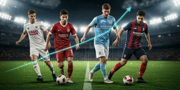 Dynamic image of three soccer players with rising market value graphs for late 2026