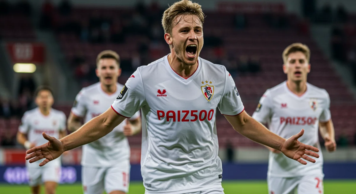 Football player celebrating a goal with passion and teammates