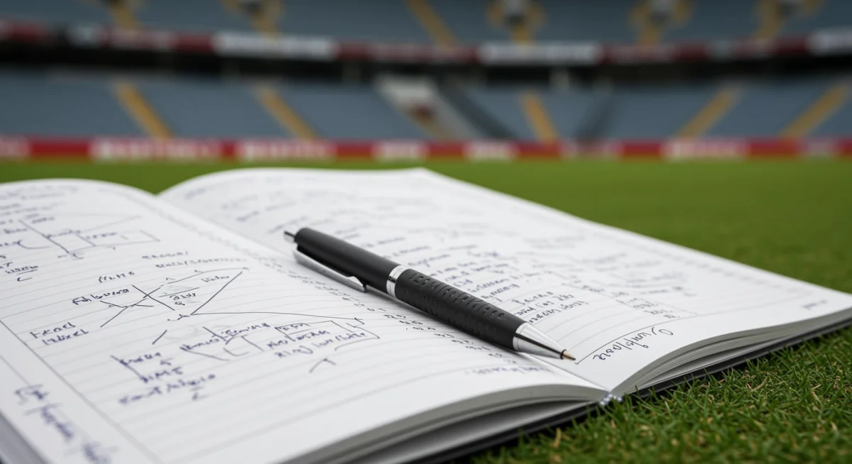 Football scout's notebook with player analysis and tactical notes