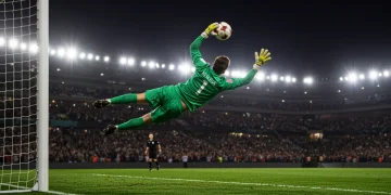 Goalkeeper making a full-stretch diving save during a critical moment in a soccer match.