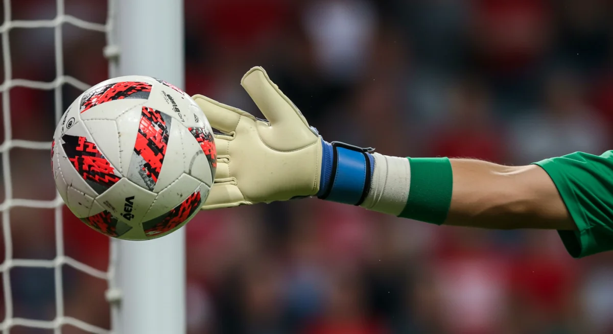 Close-up of a goalkeeper's hand deflecting a powerful shot, highlighting the impact.
