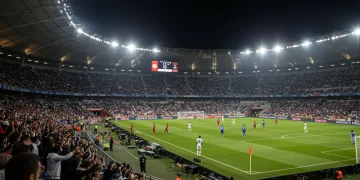 Ligue 1 football match in action, vibrant stadium atmosphere