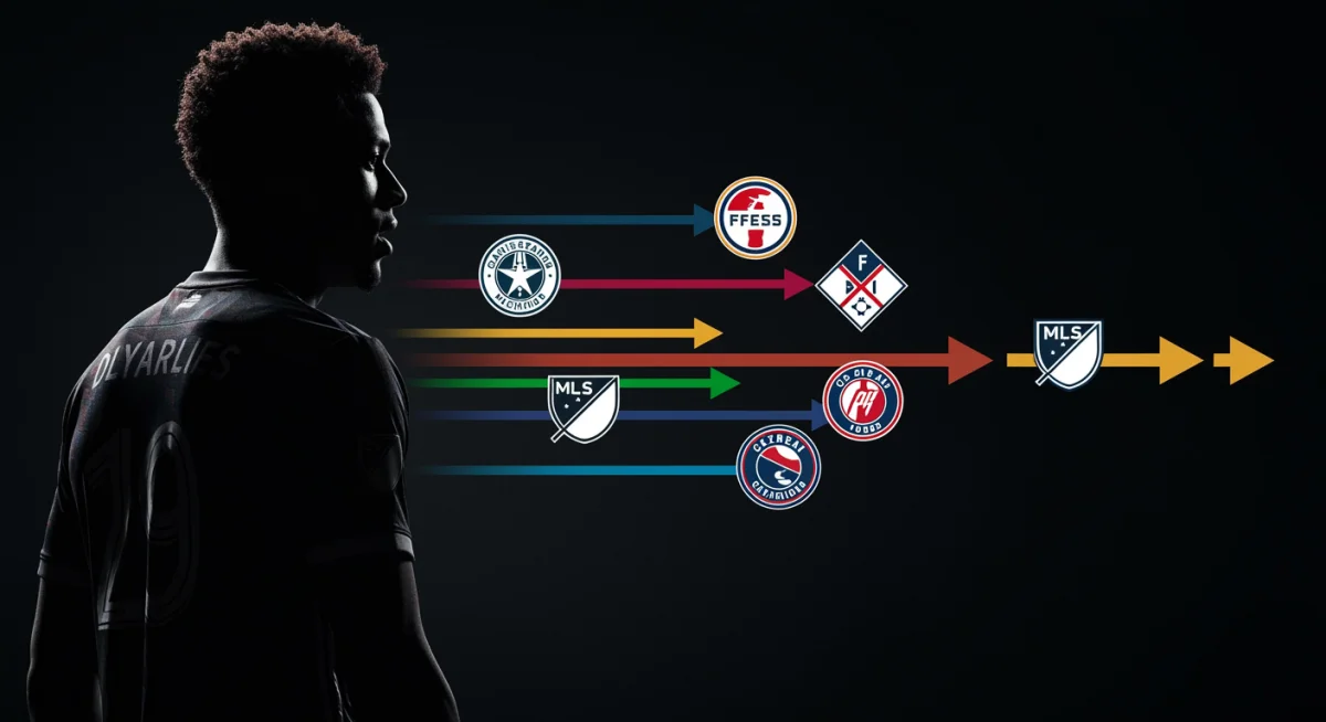 Player silhouette with MLS club logos and transfer arrows