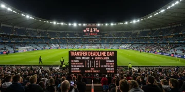 Dynamic stadium scene on MLS Transfer Deadline Day 2026 with player names on scoreboard