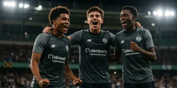 Three young soccer players celebrating a goal, representing breakthrough performances in Q1 2026.