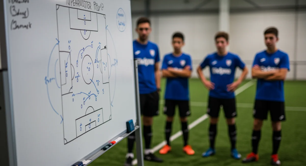 Soccer tactical whiteboard with coaching staff and young players