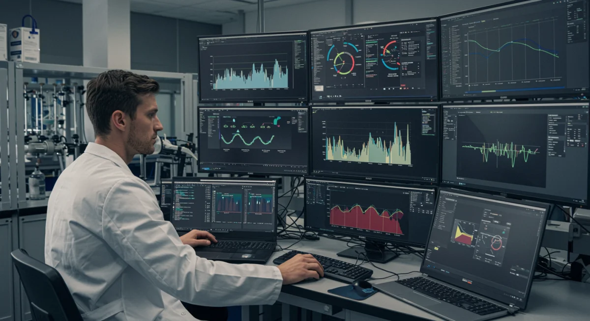 Sports scientist analyzing player performance and recovery data in a modern lab