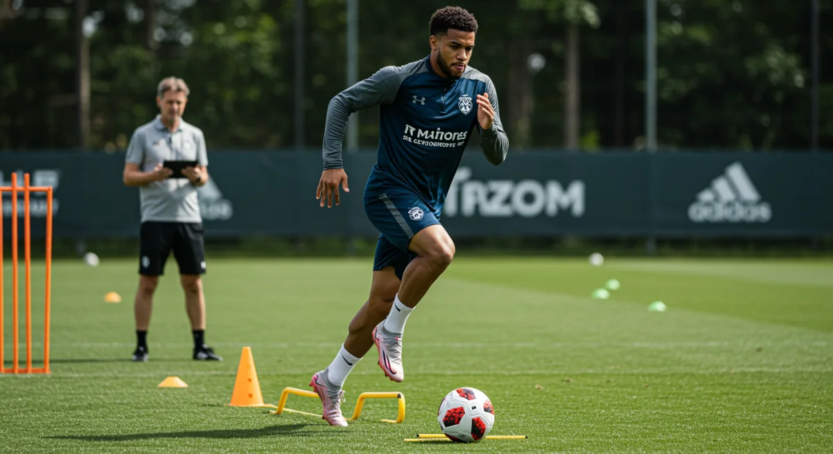 Professional soccer player executing a high-intensity sprint during a data-driven training session.