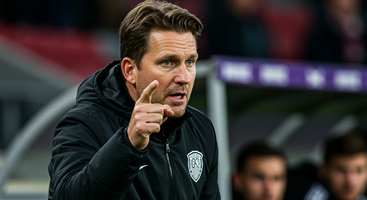 Soccer coach intently observing a game from the sidelines, demonstrating strategic focus.
