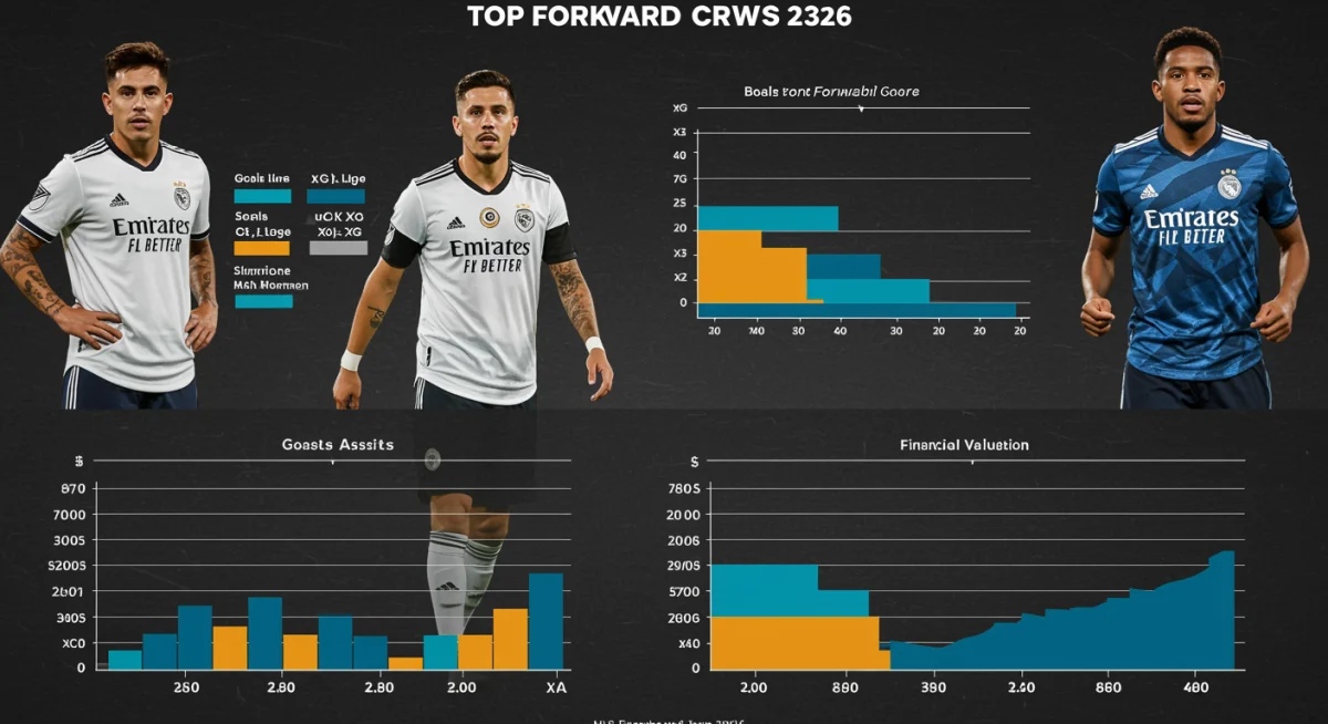 Infographic comparing performance metrics and financial valuations of top MLS forwards in 2026