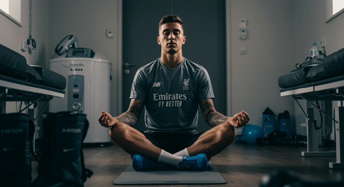 Professional soccer player meditating for mental conditioning and recovery, focusing on mindfulness.