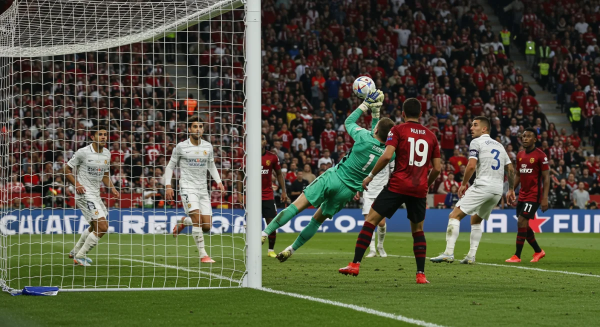 Goalkeeper making a spectacular full-stretch save during a critical moment in a soccer match