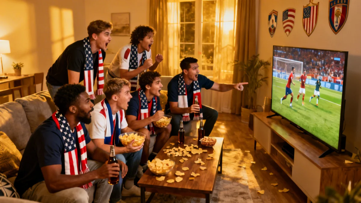 US football fans intensely watching a European league match, highlighting viewership.