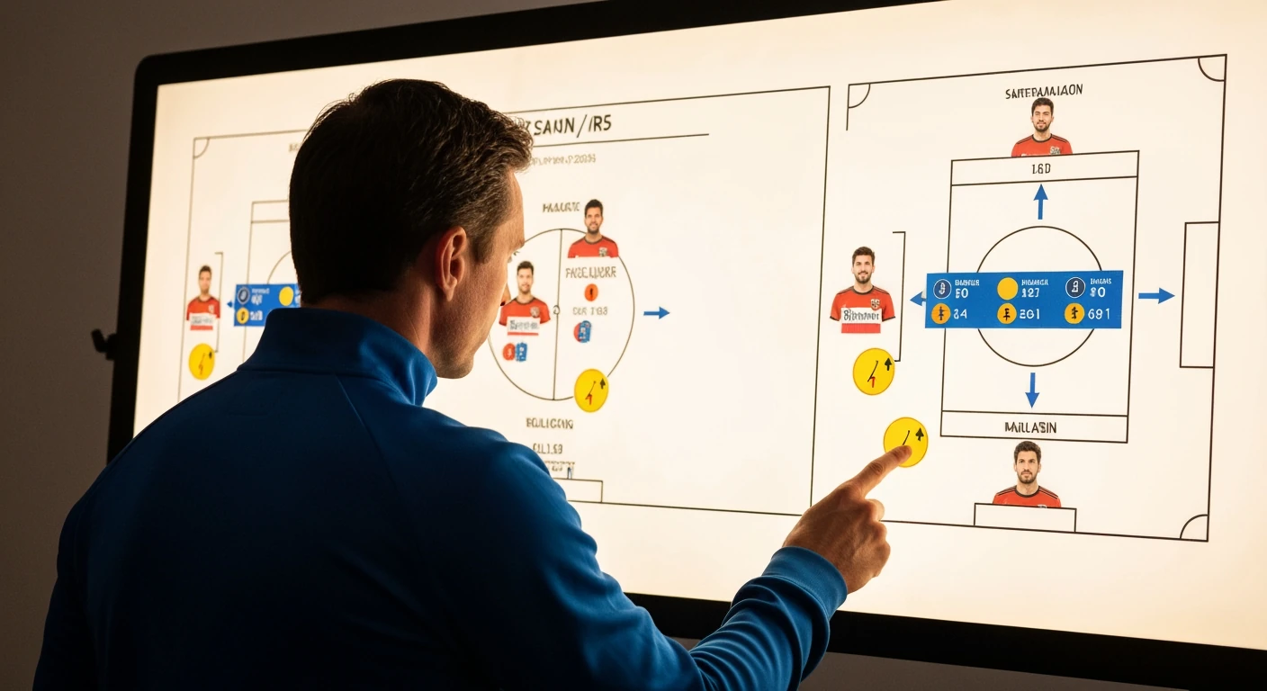 Soccer coach reviewing a digital tactical board displaying player injury reports and strategic formations before a match, with detailed statistics and team news.