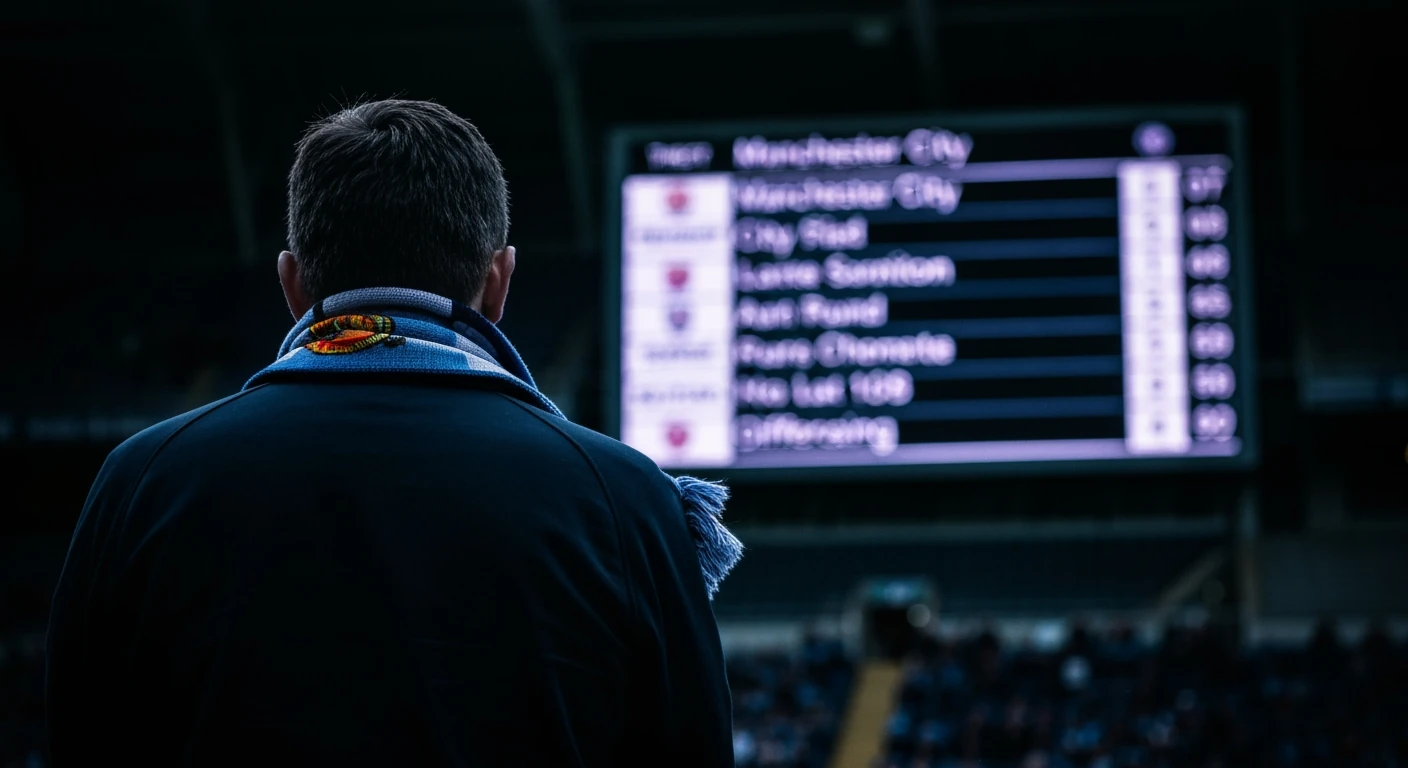 A soccer fan watching a stadium scoreboard display a close league table, highlighting goal difference for top teams.