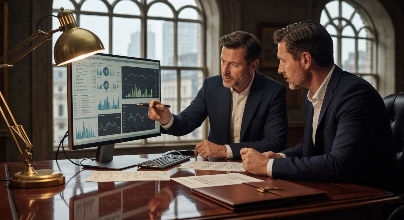 Two soccer club executives analyzing player data and legal documents in a high-stakes transfer negotiation, illuminated by monitor glow and desk lamp.