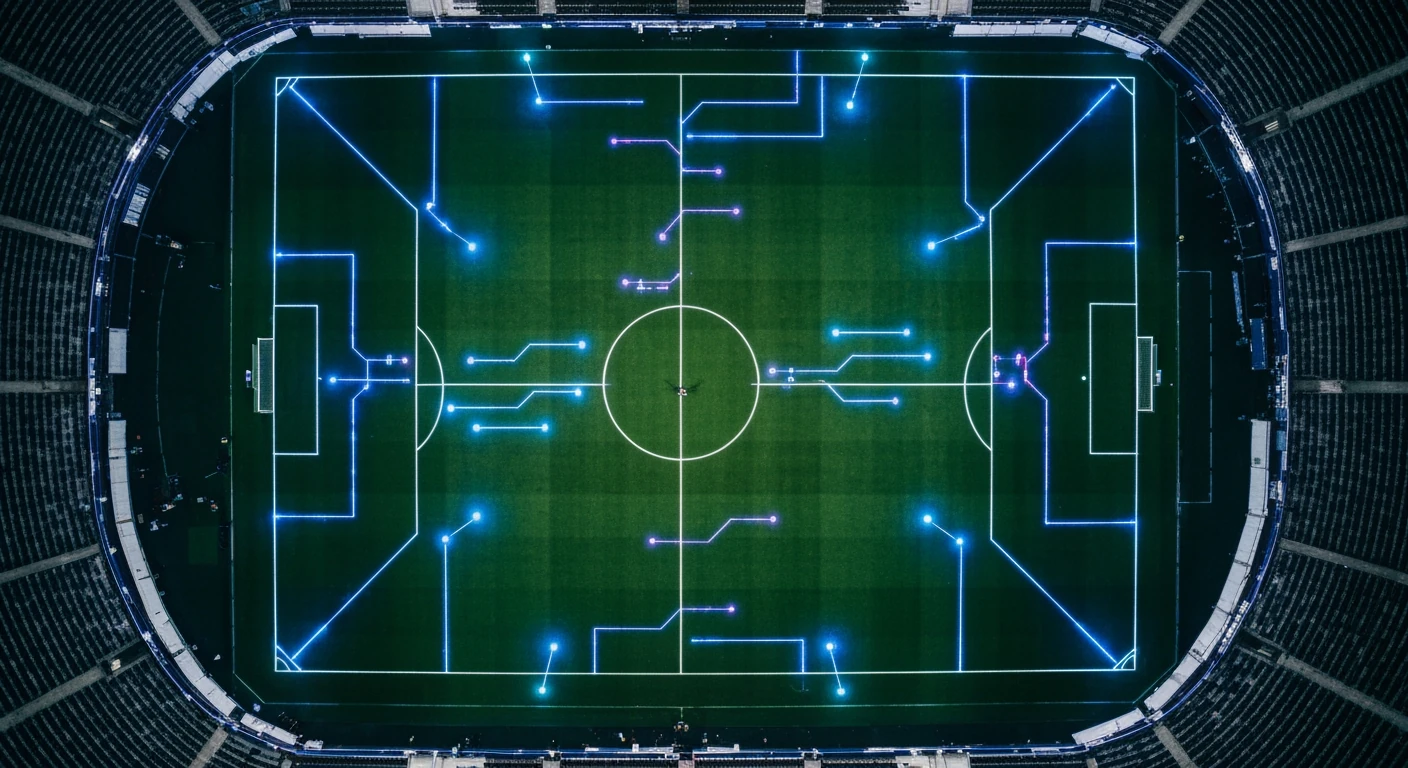 Aerial drone view of a soccer stadium pitch at night, with geometric light patterns representing news data streams influencing a central player figure.