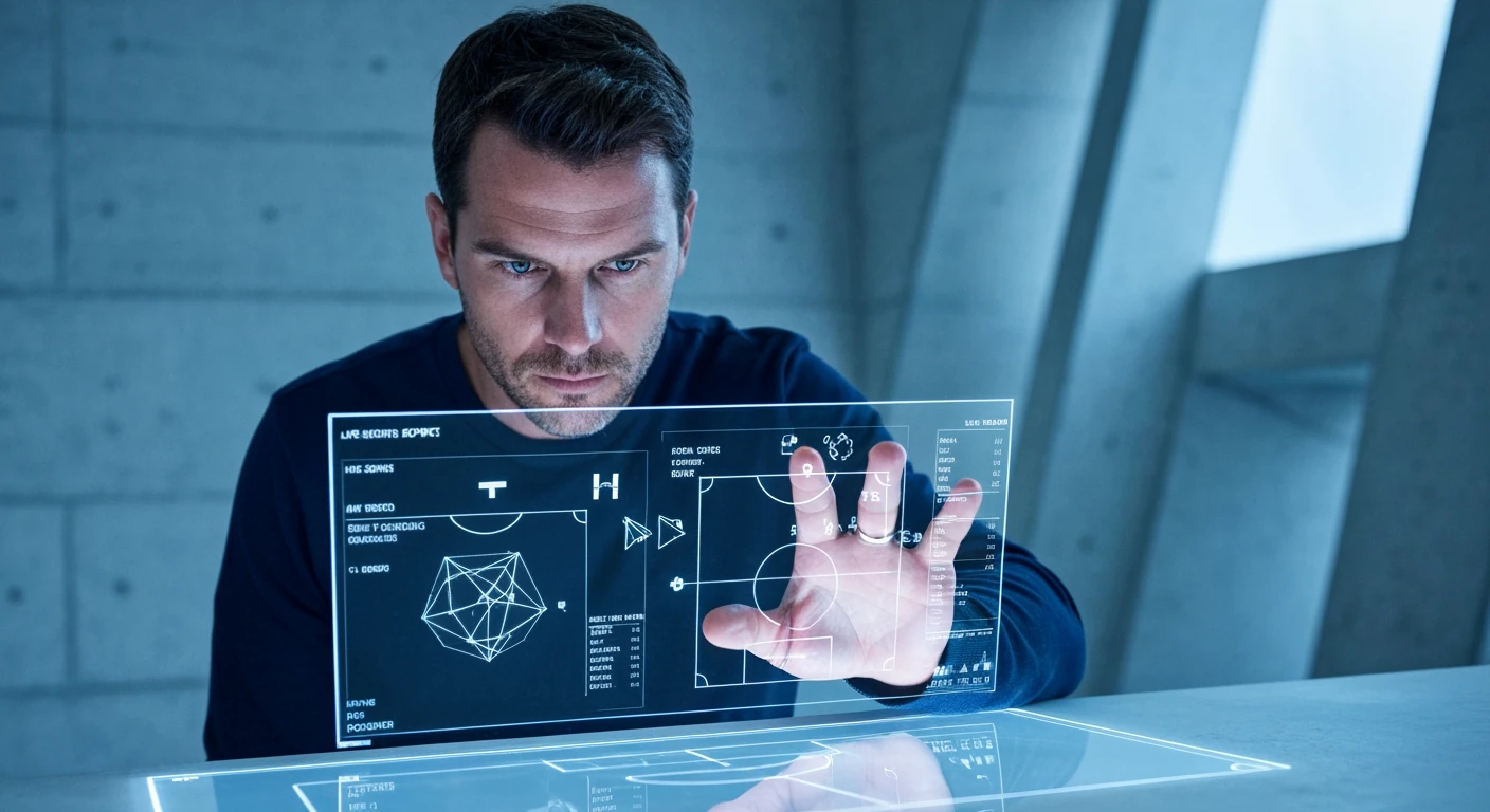 A fan analyzes holographic soccer data, including injury reports and tactical formations, on a glowing display in a minimalist setting.