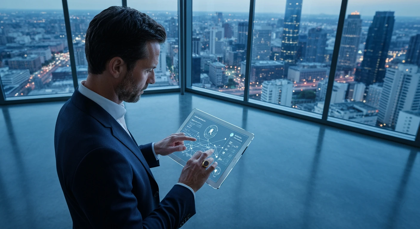A soccer agent in a modern glass office overlooking a city, analyzing complex digital transfer regulations and player data on a transparent tablet, embodying the strategic nature of transfer windows.