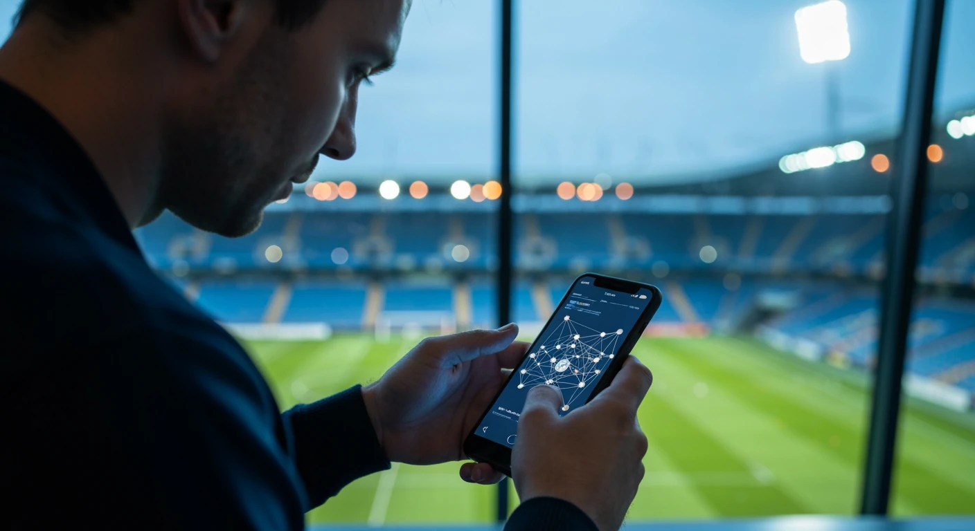 A soccer fan engrossed in a minimalist smartphone displaying a geometric representation of European soccer fixtures, with a blurred stadium in the background, symbolizing the complex rhythm of the season.