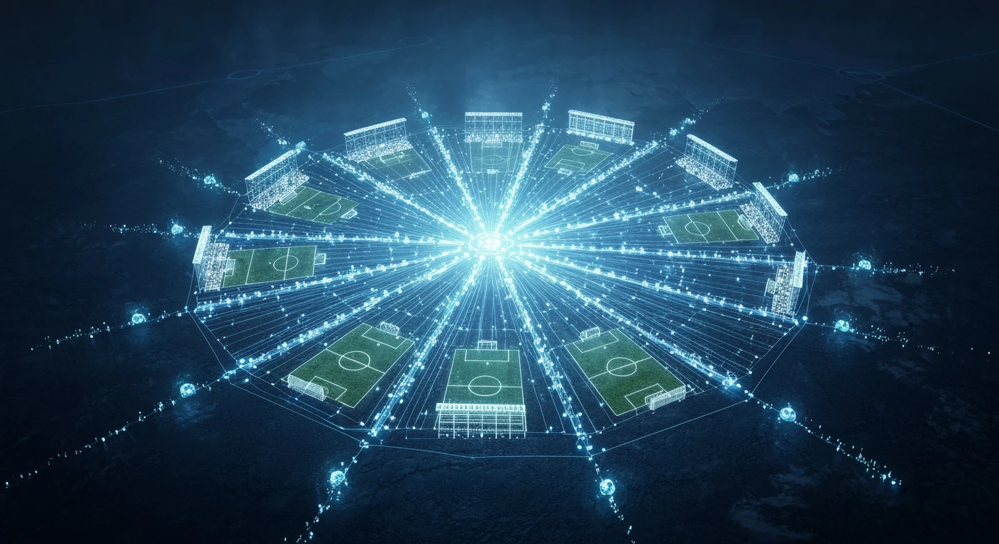 An aerial drone view of a global network of interconnected soccer stadiums and glowing data pathways, symbolizing complex player transfer regulations and deadlines.