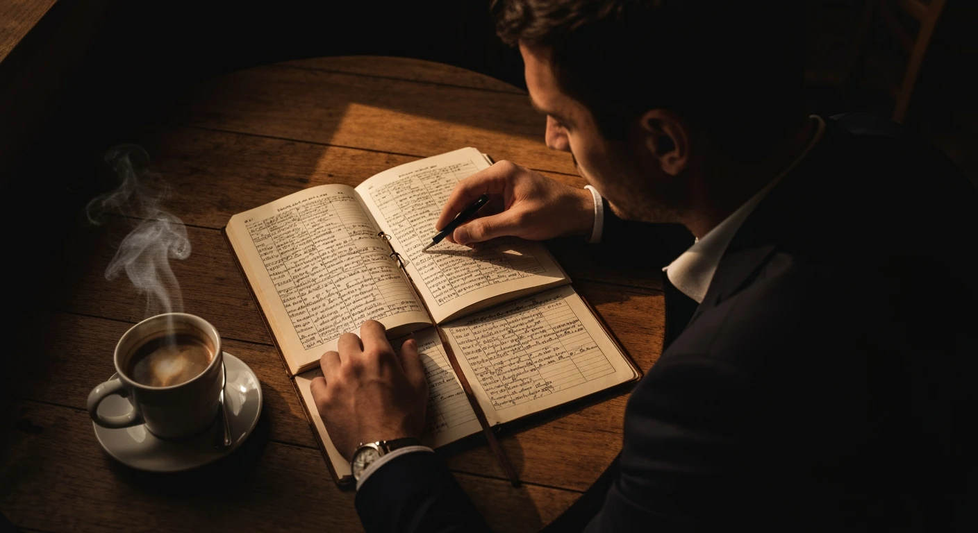A man carefully tracking European soccer fixtures in a vintage journal, highlighting the complex scheduling of leagues and tournaments.