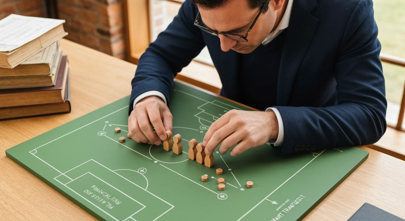 Soccer club analyst strategizing player transfers on a tactical board, reflecting financial fair play constraints and smart recruitment tactics.
