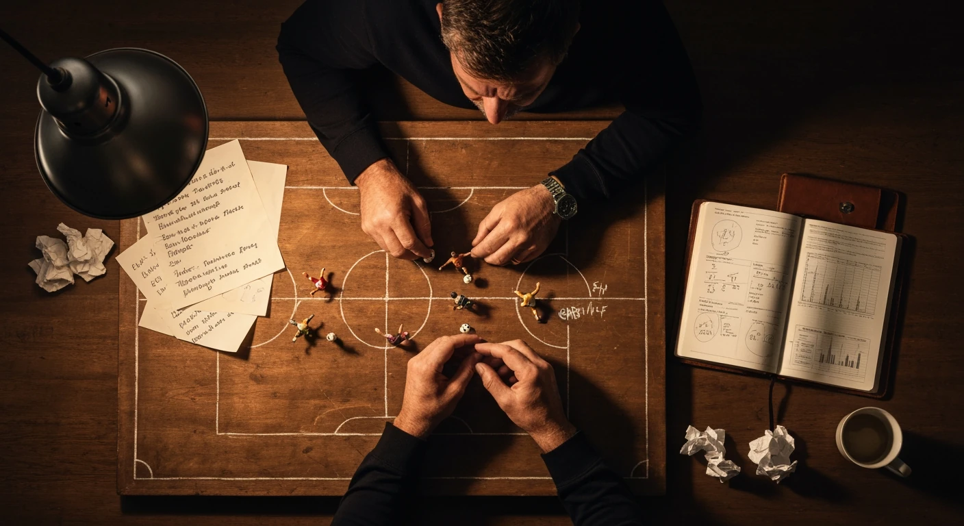 An intense soccer manager, late 40s, strategizing player transfers on a tactical board with miniature figurines and handwritten notes, dramatic lighting, warm tones.
