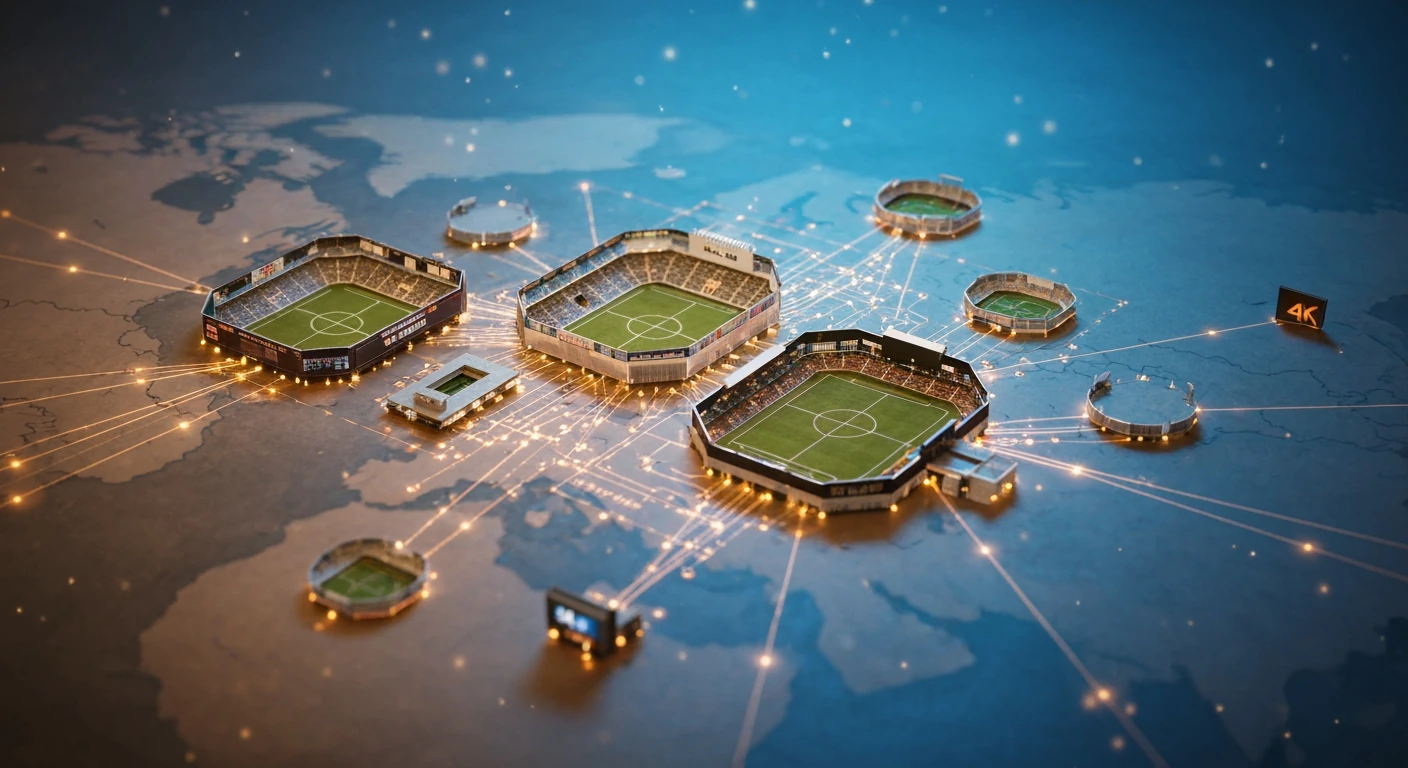 An aerial drone view overlaying modern glowing holographic soccer stadiums and data networks onto a vintage sepia-toned map, depicting the evolution of live match coverage from rudimentary broadcasts to advanced 4K technology.
