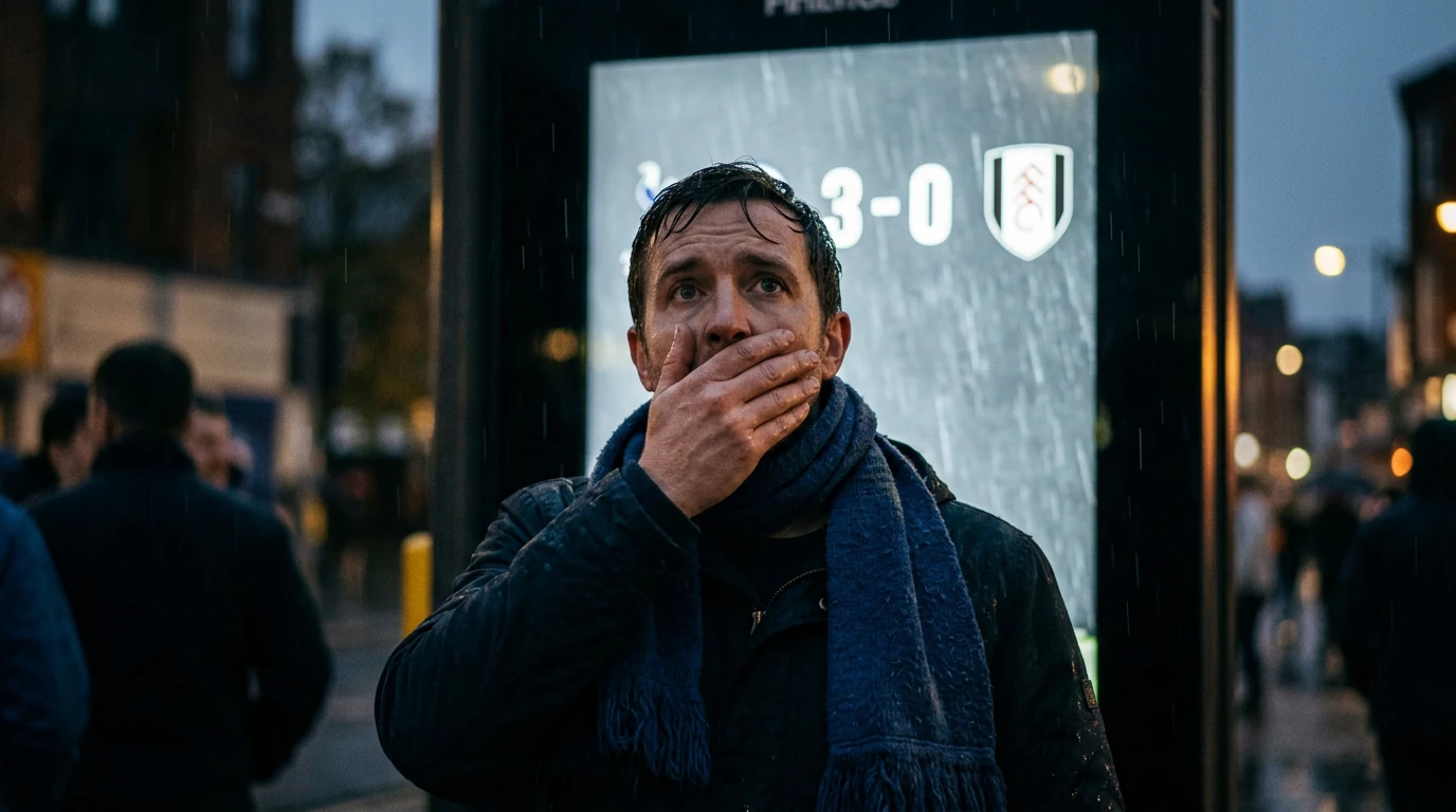 A male soccer fan in a dark blue scarf reacts with disbelief to a 3-0 loss displayed on a rain-streaked public screen, highlighting the immediate impact of soccer results.