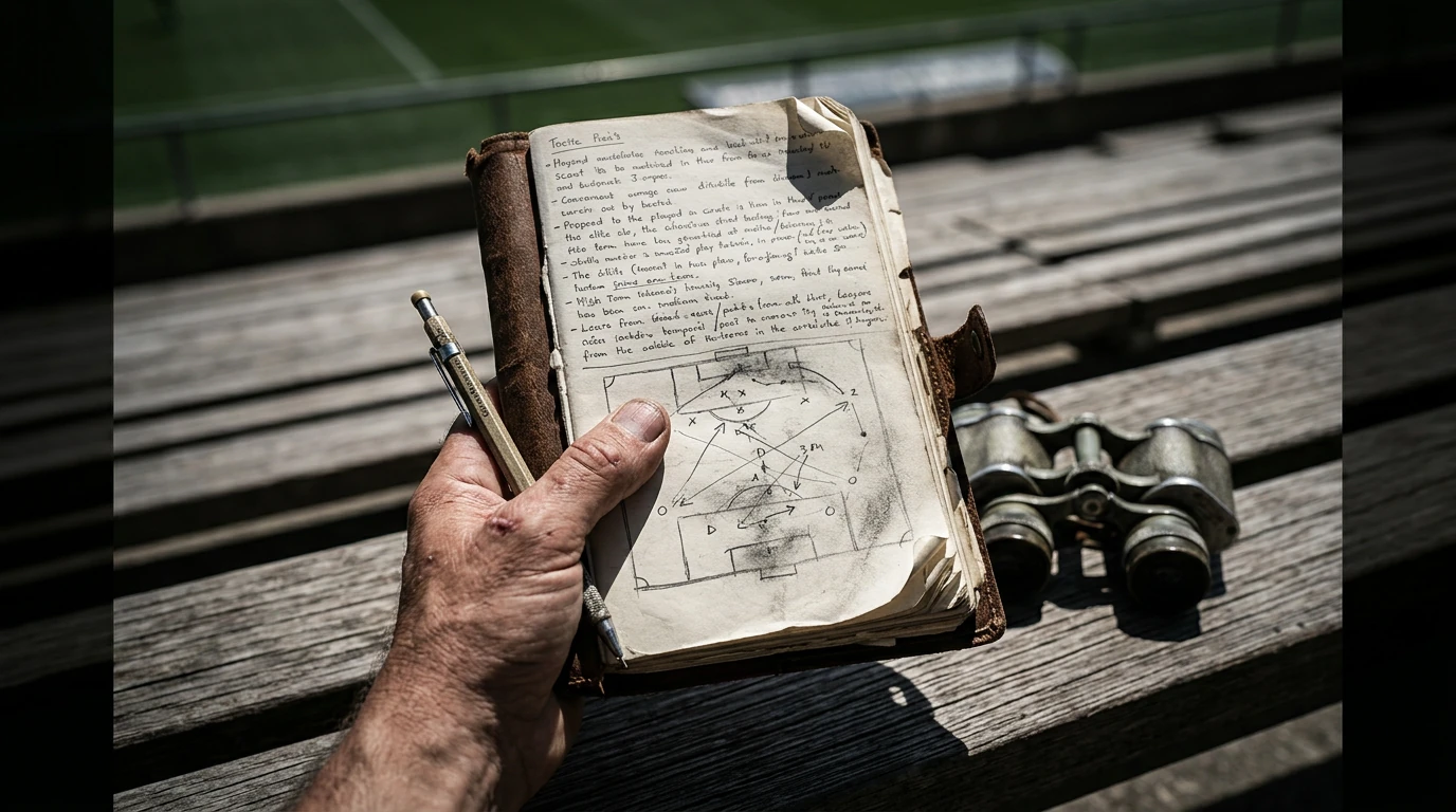 Close-up of a soccer scout's weathered hand holding a worn notebook and pencil, with binoculars on a wooden bench under harsh sunlight, symbolizing the initial, meticulous stage of player identification.