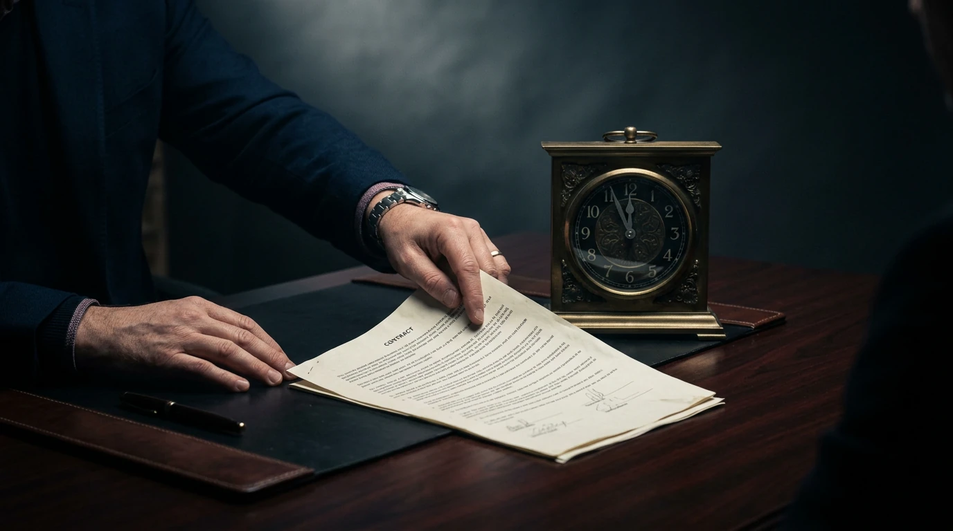 A male football agent slides a contract across a mahogany desk, with an antique clock showing five minutes to midnight, emphasizing the tension of transfer deadlines and negotiations.