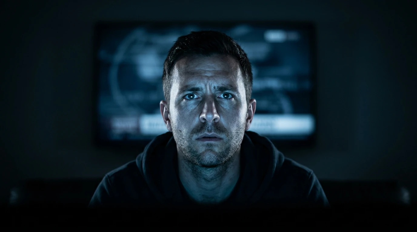 A male soccer fan, mid-30s, watching a live match broadcast intently, his face illuminated by the screen's cool light as transfer rumors are fueled by pundit commentary.