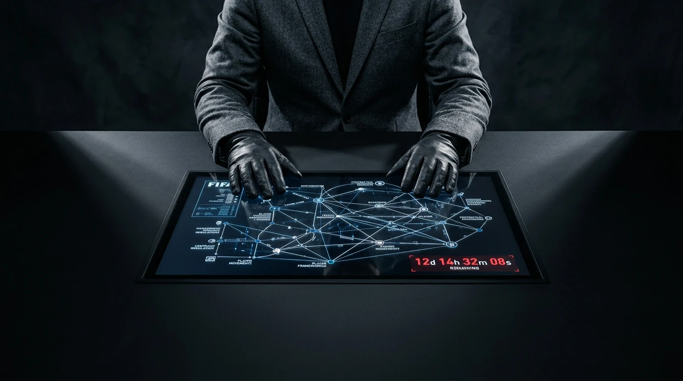 A person interacting with a futuristic digital display showing interconnected lines and nodes representing soccer transfer regulations and deadlines, emphasizing the strict nature of FIFA rules and the transfer window.