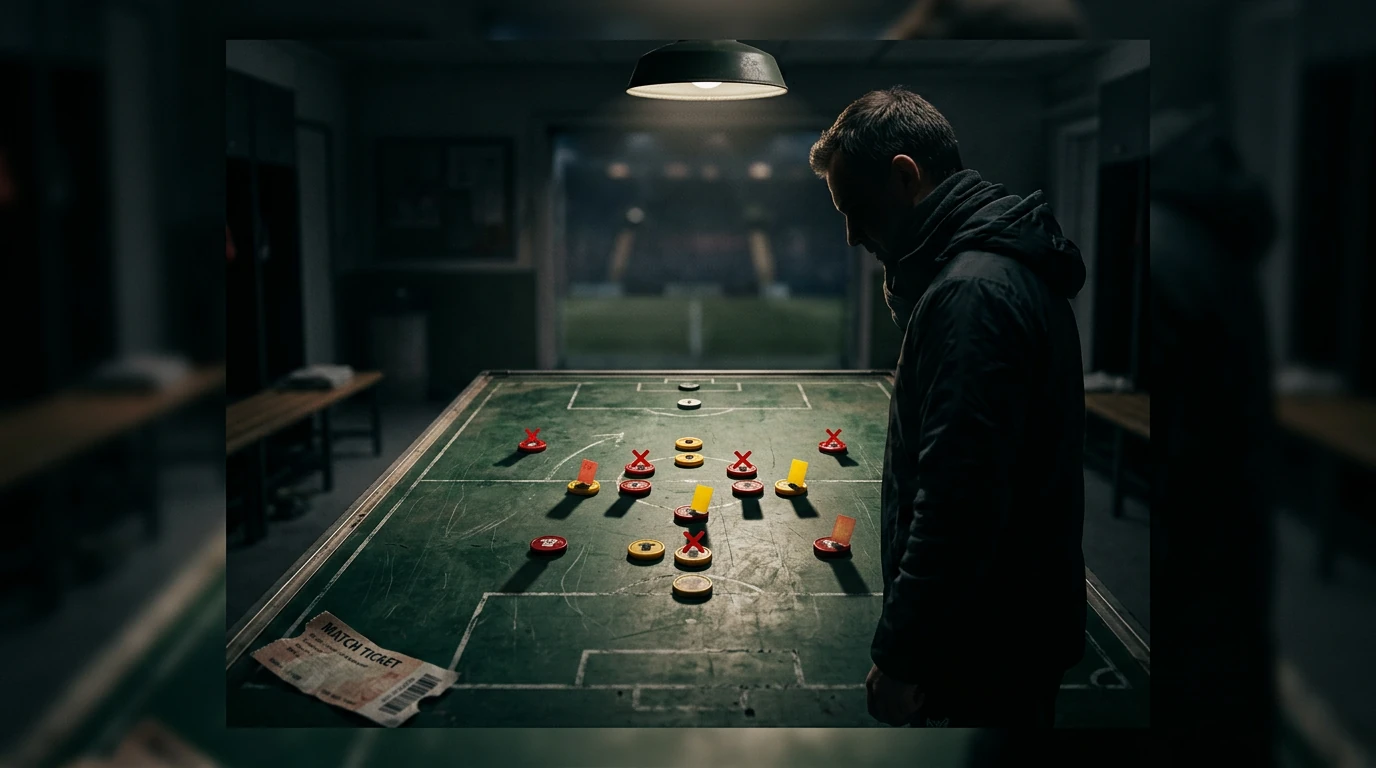 A soccer manager's face partially hidden in shadow, intently analyzing a worn magnetic tactical board with red and yellow player tokens under harsh, single-directional light, highlighting injuries and suspensions.