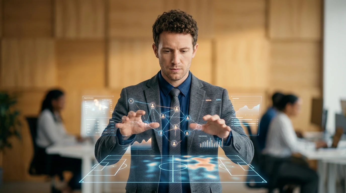 A male data analyst interacts with a holographic display showing soccer player performance metrics and heatmaps, set in a modern office with warm lighting, symbolizing data-driven player transfer strategies.