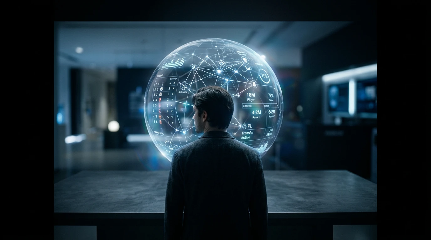A person viewing a futuristic spherical display showing global soccer league standings and player transfer data, with a minimalist design and cool blue lighting.