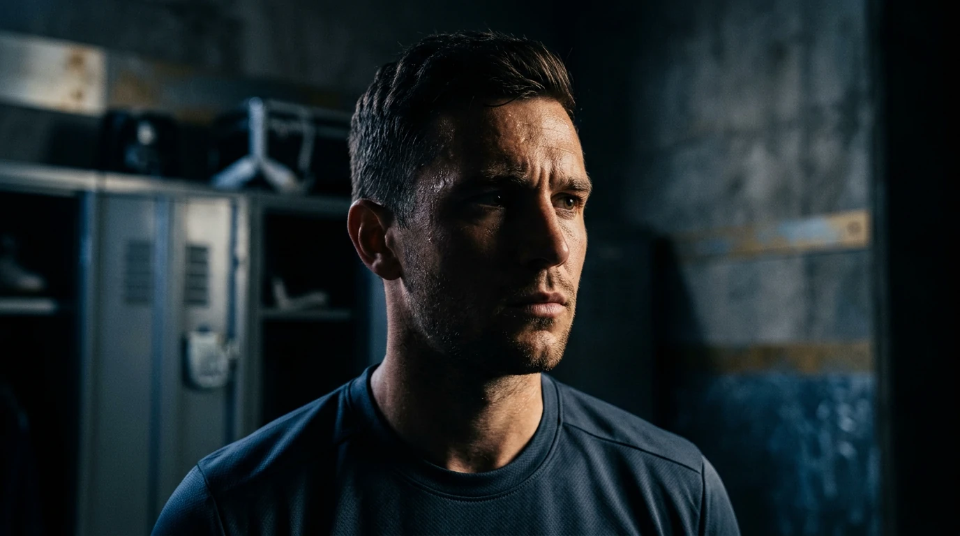 A soccer player's face in dramatic chiaroscuro lighting, conveying the psychological impact of recent match results on his morale and determination.