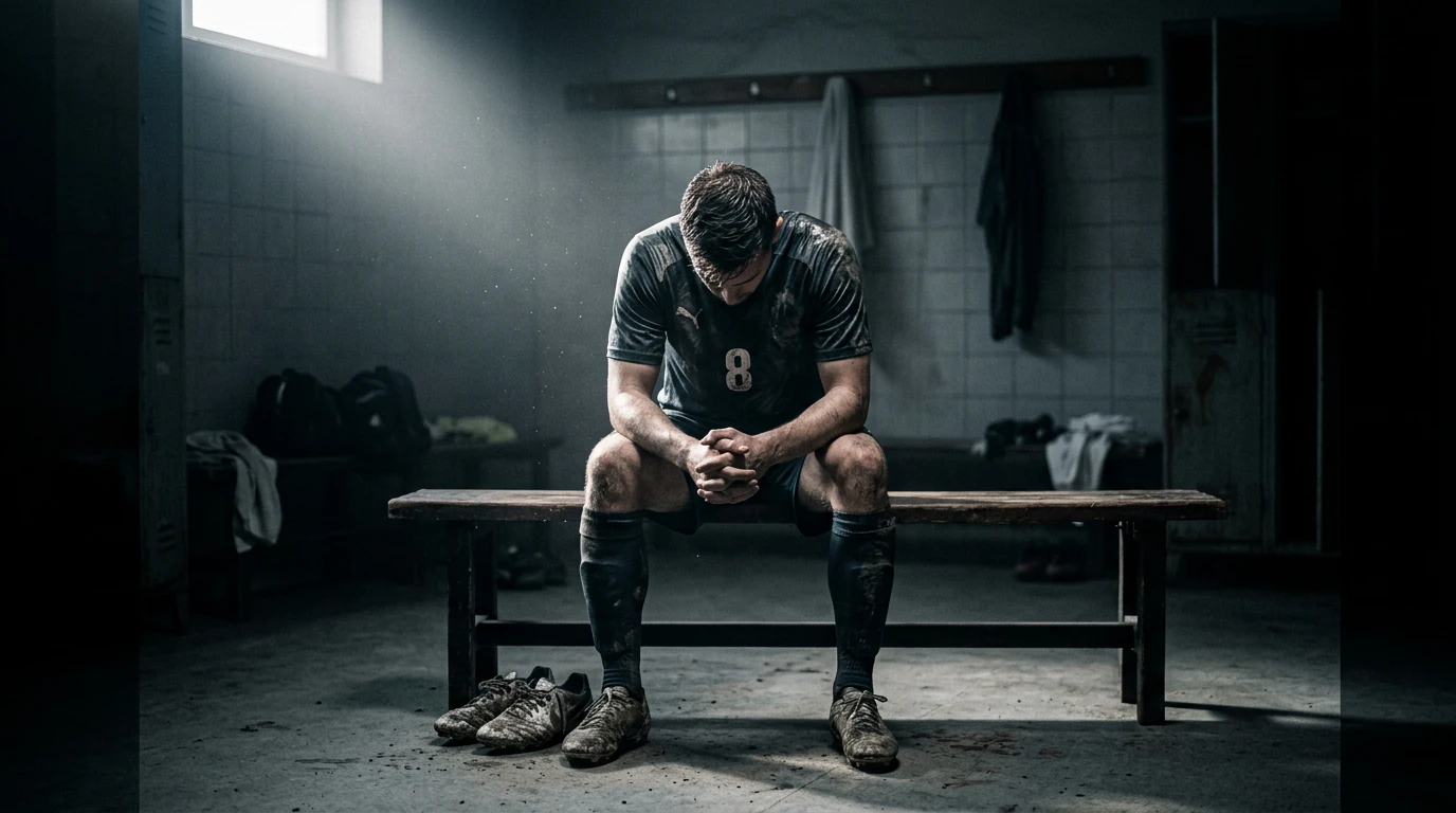 A male soccer player sits alone on a locker room bench, head bowed in deep thought, dramatic light highlighting his form after a match.