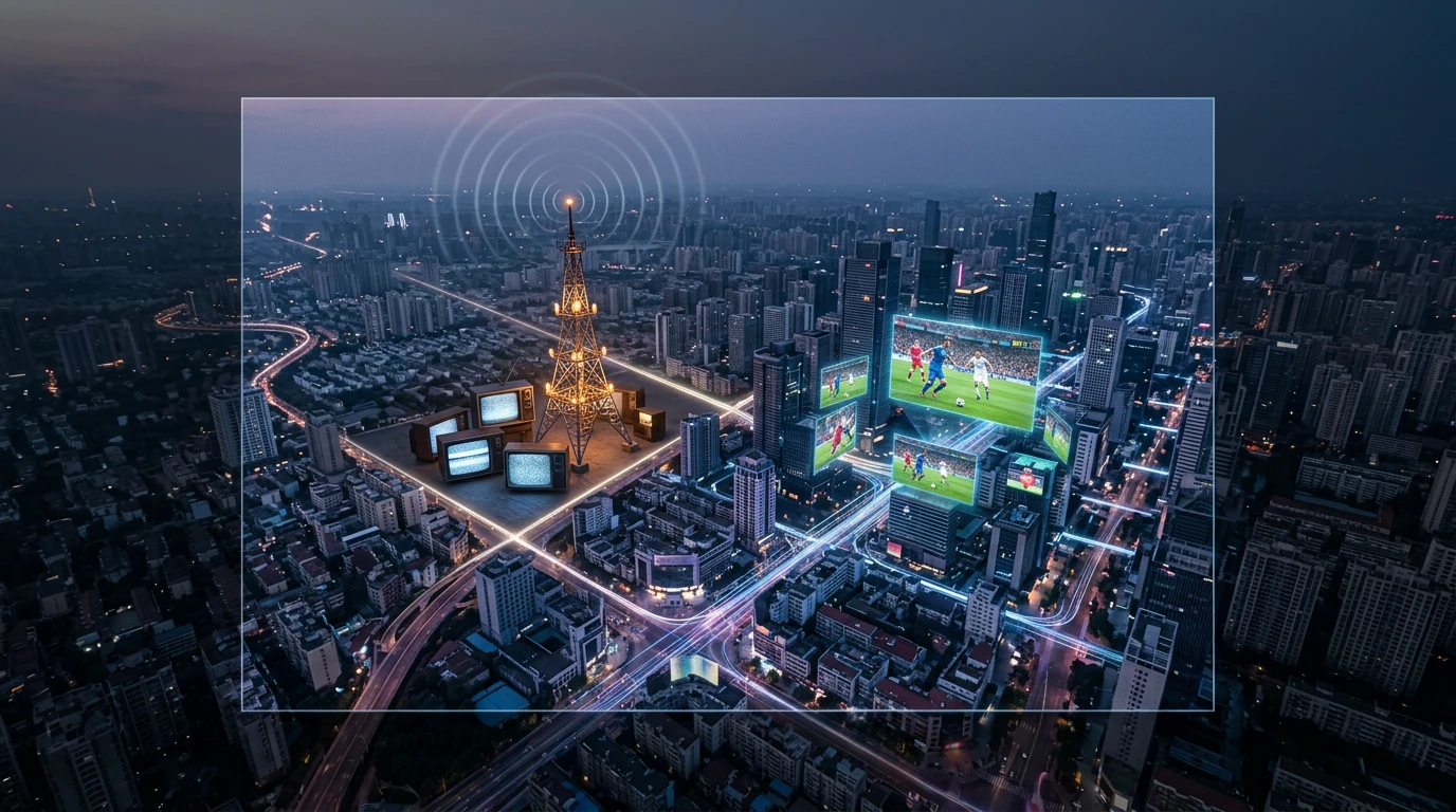An aerial drone view of a city at dusk, showing a timeline of soccer broadcast technology with old radio towers, retro televisions, and modern holographic screens displaying 4K footage, connected by glowing geometric light patterns.