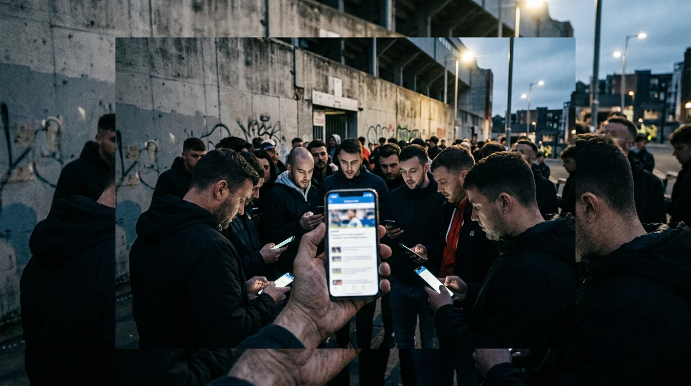 A high-contrast documentary image of soccer fans outside a stadium, their faces lit by smartphone screens, engrossed in live social media feeds about transfer news at dusk.