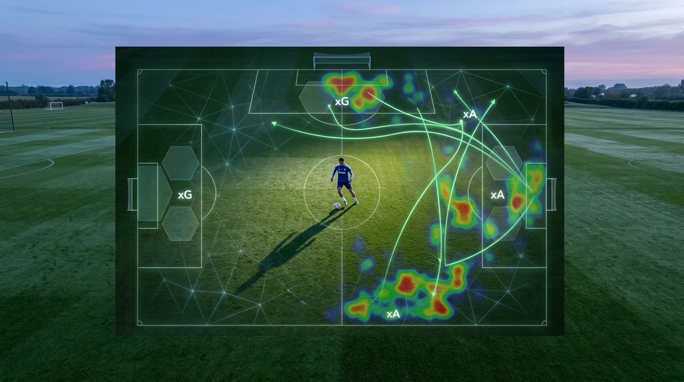 Aerial view of a soccer training pitch overlaid with glowing geometric data visualizations like xG zones and passing lines, showing a player mid-dribble, illustrating advanced match analytics.