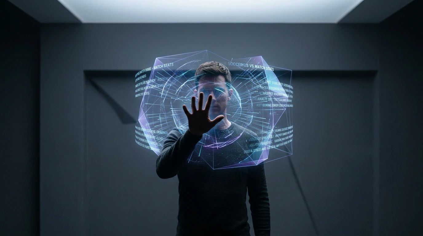 A person interacts with a holographic projection showing overwhelming soccer news data streams in a minimalist, dimly lit room, symbolizing a beginner navigating information overload.