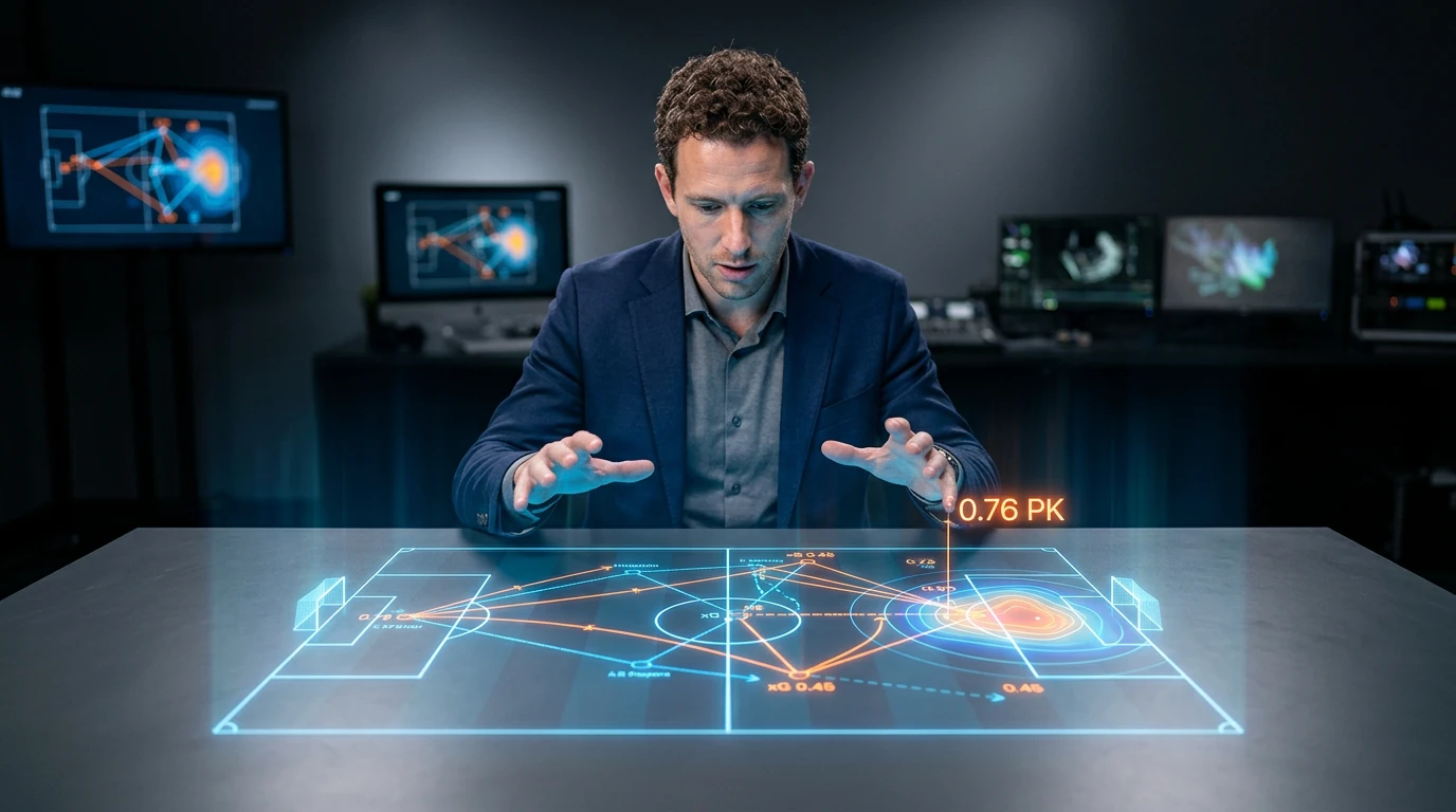 A soccer data analyst interacting with a holographic display showing advanced metrics like Expected Goals (xG) and player movement heatmaps, representing the data revolution in European soccer analysis.