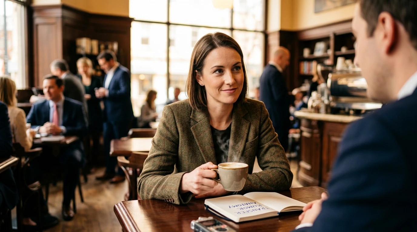A female sports journalist in a bustling cafe, discreetly taking notes on transfer rumors, highlighting the origins of soccer news.