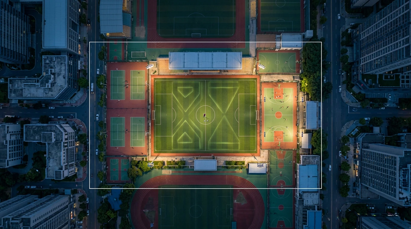 Aerial view of a soccer stadium and adjacent basketball court at dusk, illustrating the contrast between soccer's low-scoring games and basketball's high-scoring matches, highlighting strategic outcomes.