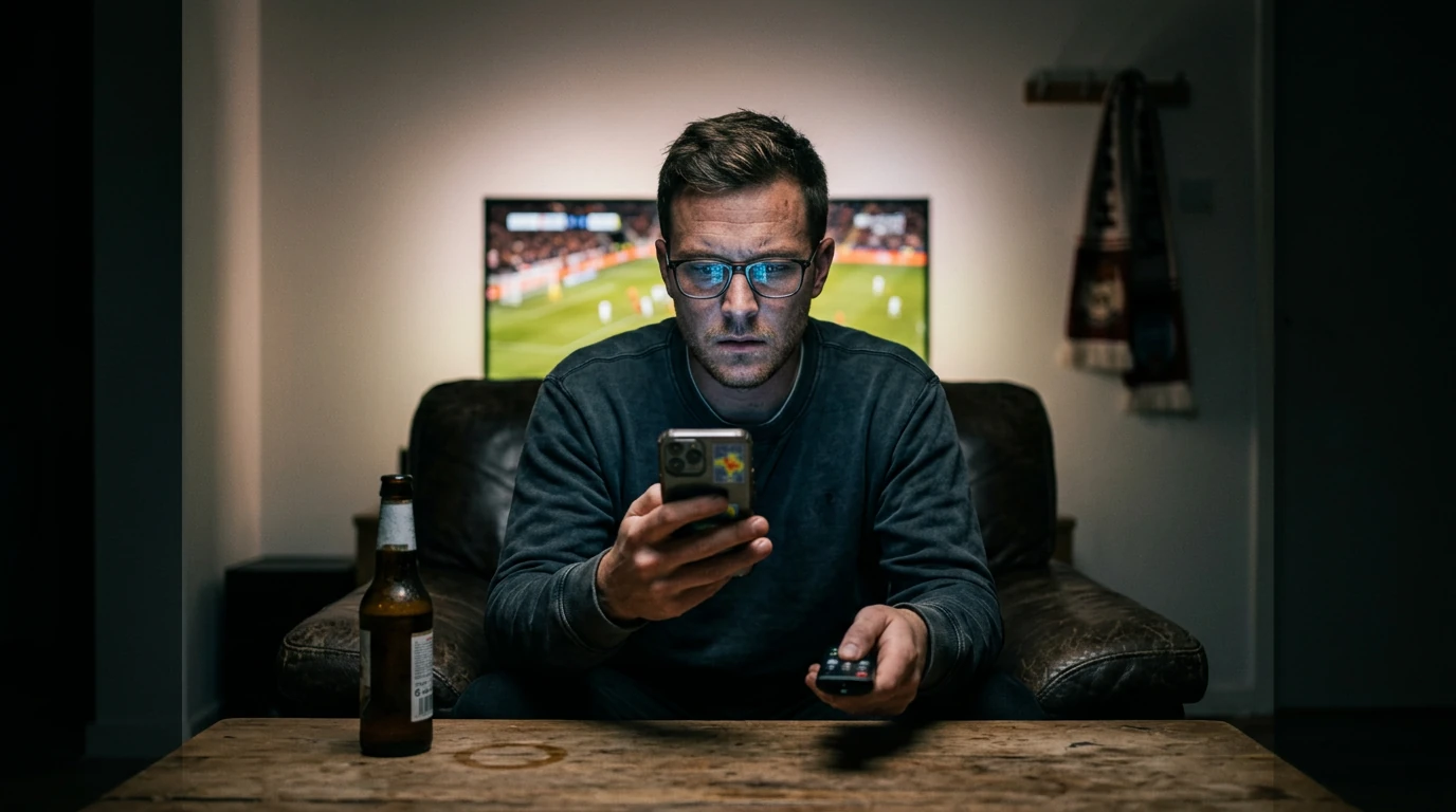 A male soccer fan, late 20s, intently watches a live match on a large TV while simultaneously interacting with real-time stats and polls on a smartphone in a dimly lit living room, showcasing second-screen engagement.