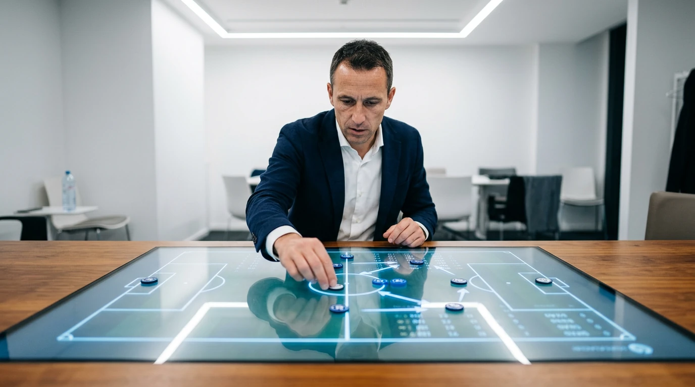A soccer club director strategically moving player tokens on an illuminated tactical board displaying league standings, reflecting intense transfer planning.